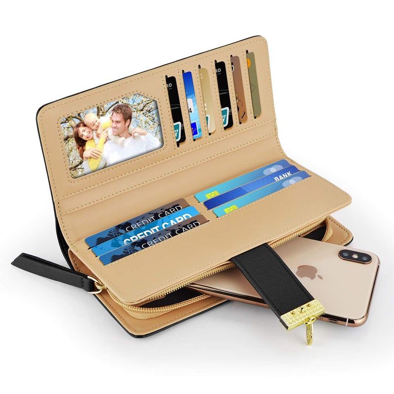 PGXT Women's Wallet Women Credit Card Holder Hollow Leaf Pattern Bifold Leather Lady Long Wallet Purse Zip Birthday Xmas Gifts for Women Girls(Black) - Image 2